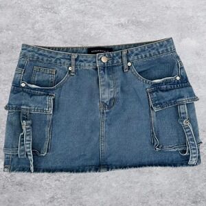 Aeropostale Womens Medium Wash Denim Cargo Utility Mini Skirt Buckle Detail